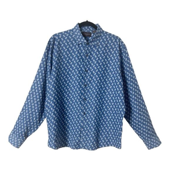 Black Brown 1826 Men’s Long Sleeve 100 % Linen Palm Tree Print Button Up Shirt - Picture 1 of 6